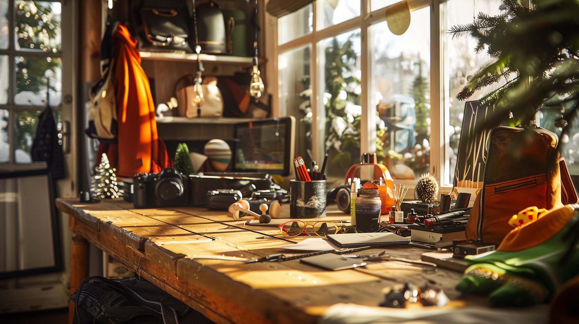 Cozy studio bench with tools and ingredients